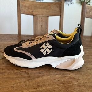 Tory Burch Good Luck 13095 Black Beige Lace-Up Sneaker Womens Shoes Size 11